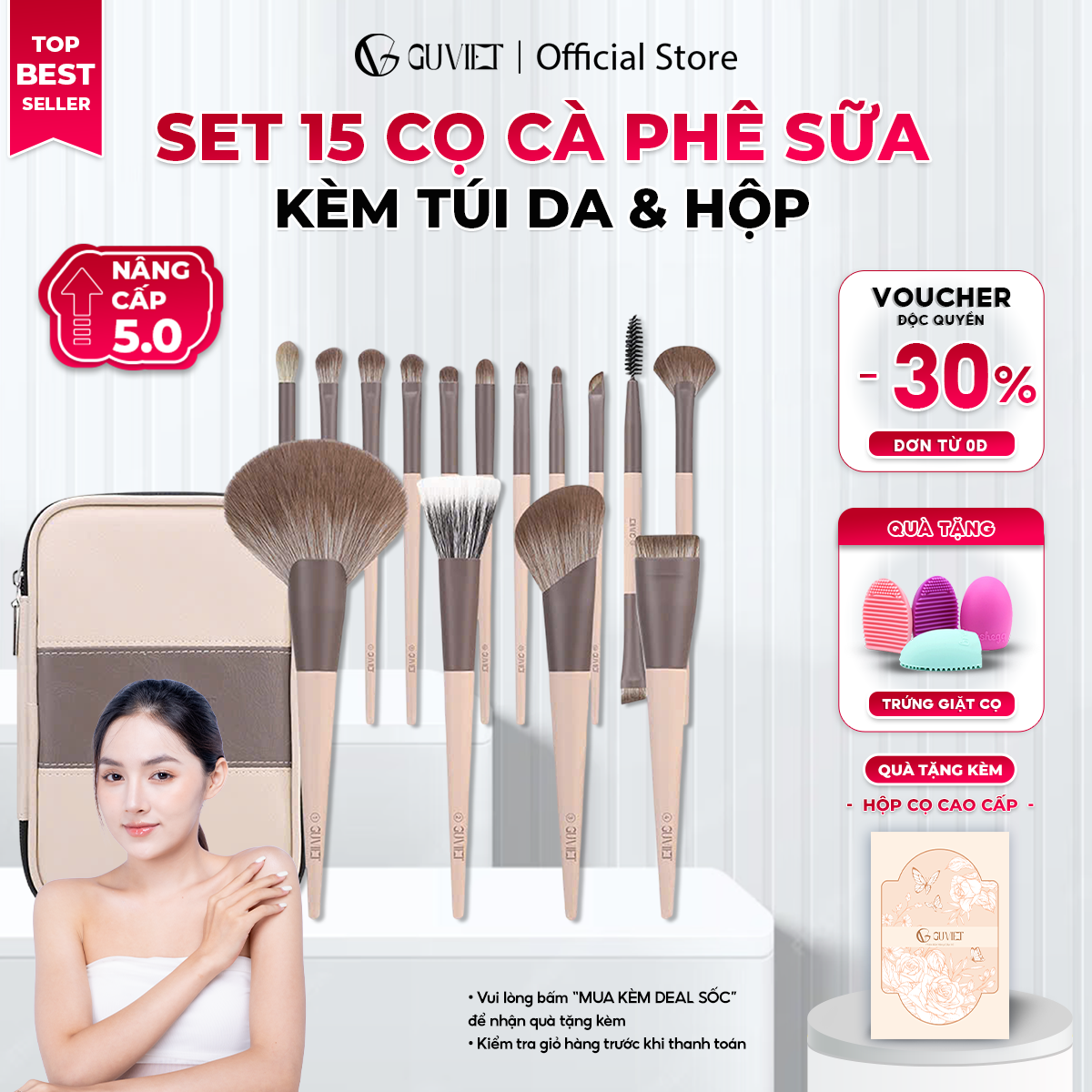 5.1 GUVIET Set 15 Cọ Cà Phê Sữa Kèm Túi Da & Hộp